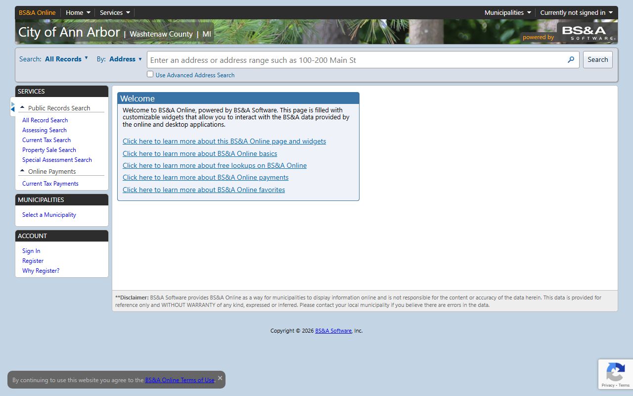 Ann Arbor Assessor BS&A property tax portal for searching Ann Arbor property tax records
