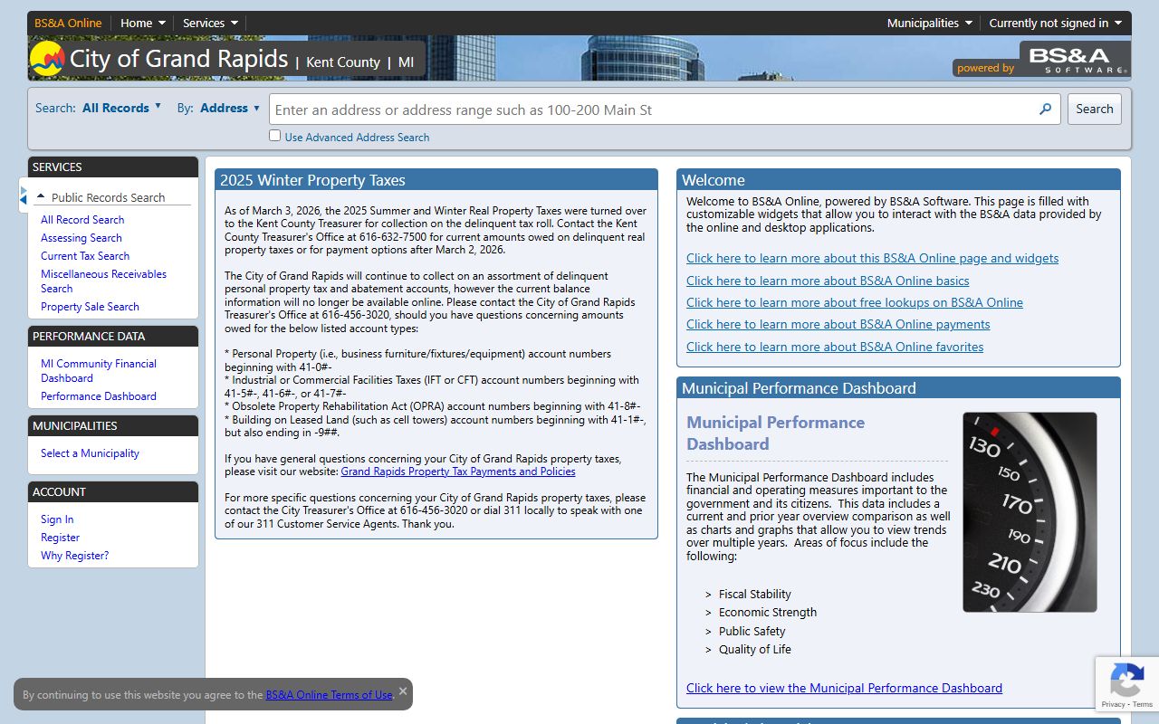 Grand Rapids Assessor BS&A property tax portal for searching Grand Rapids property tax records