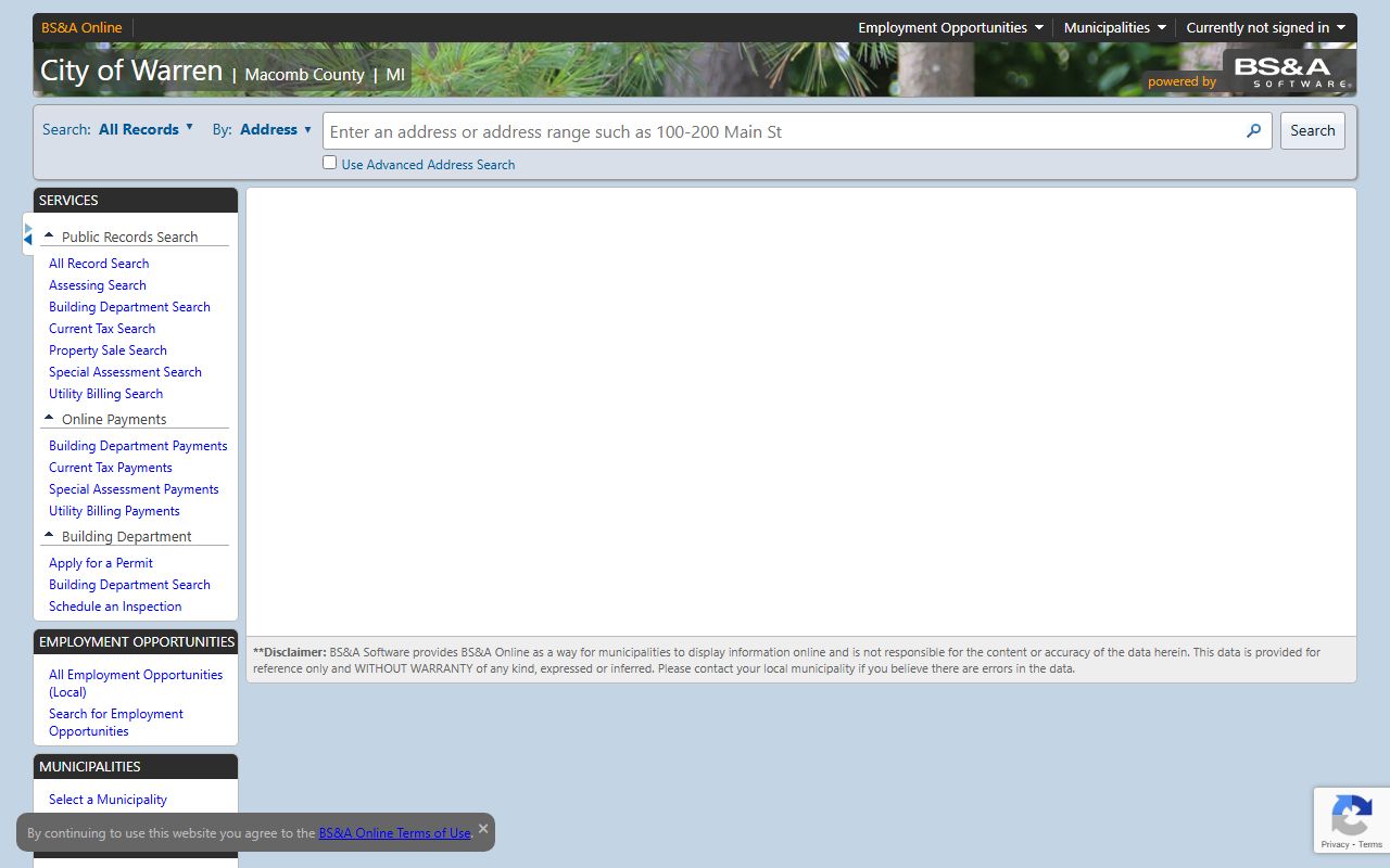 Warren Assessor BS&A property tax portal for searching Warren property tax records