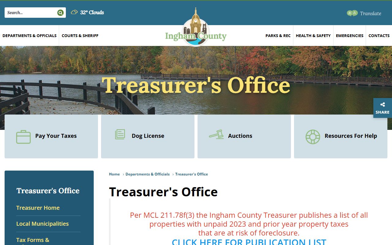 Ingham County Treasurer website for property tax payments and delinquent tax records in Ingham County