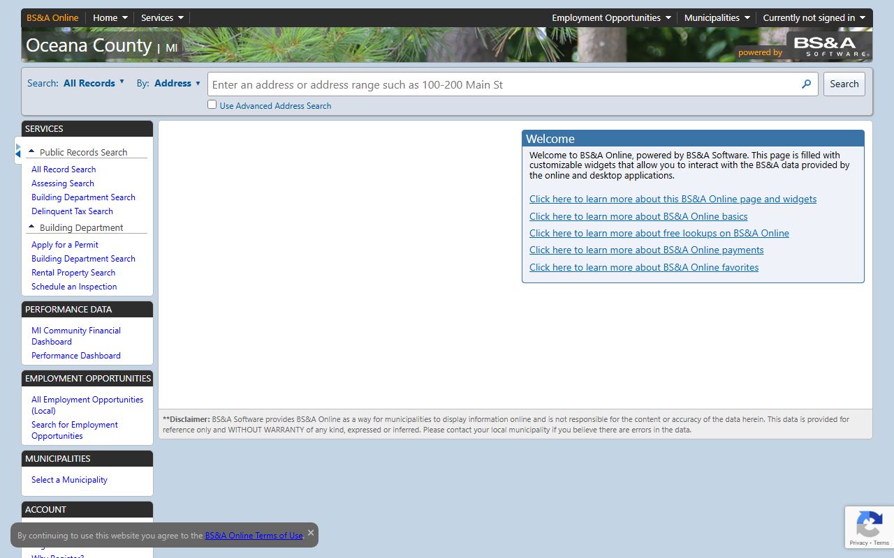 Oceana County Equalization BS&A property tax portal for searching Oceana County property tax records