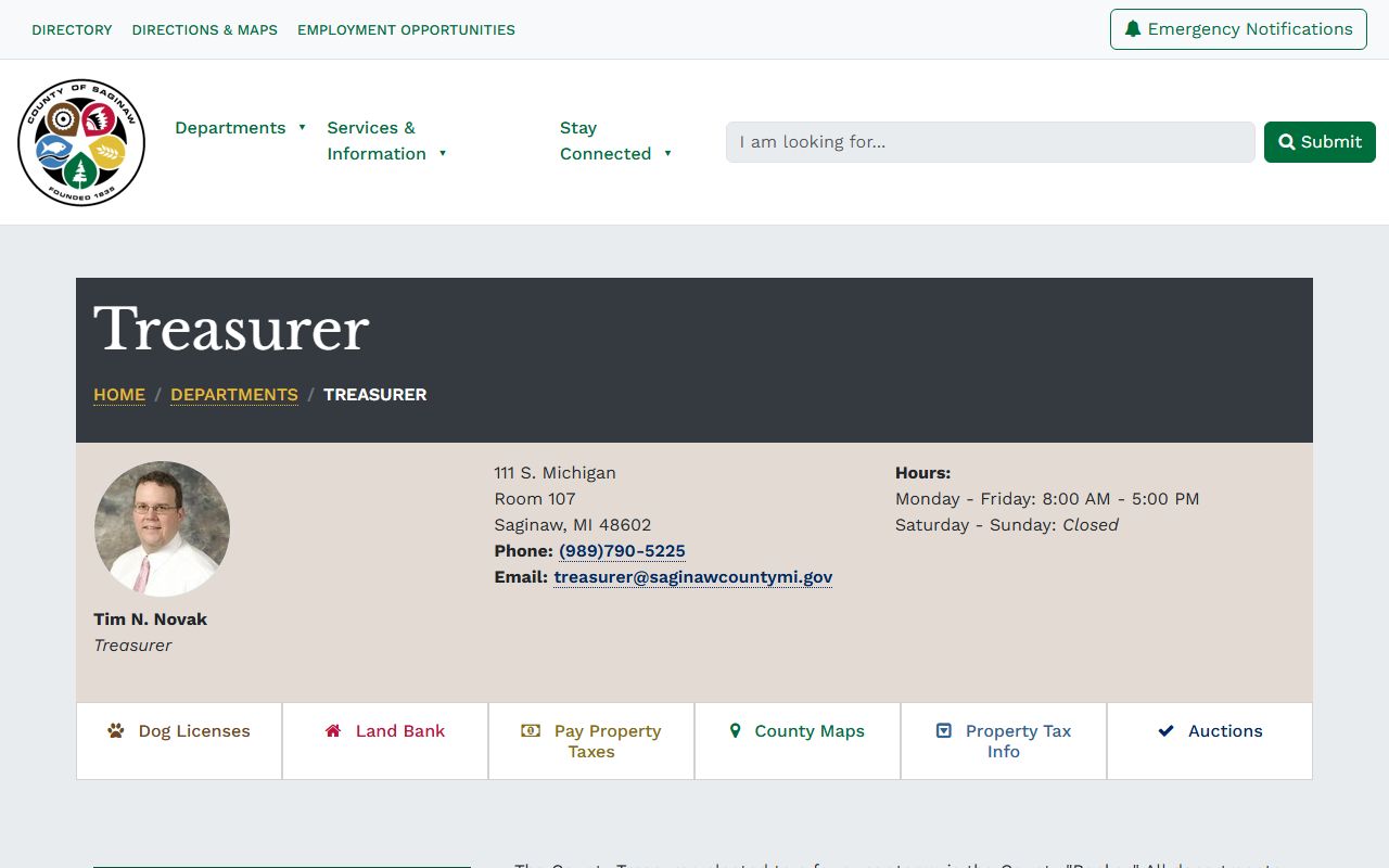 Saginaw County Treasurer portal showing property tax records and payment status