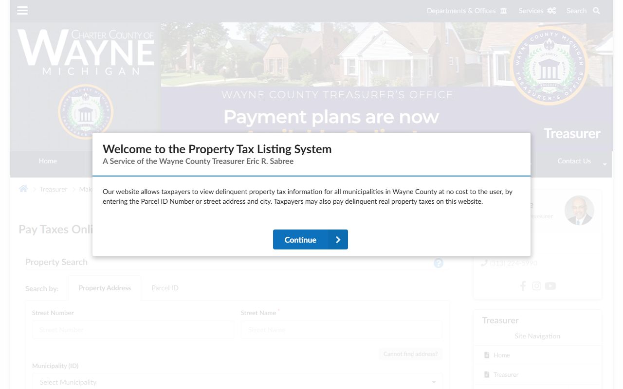 Wayne County Treasurer property tax portal showing tax payment and delinquency status