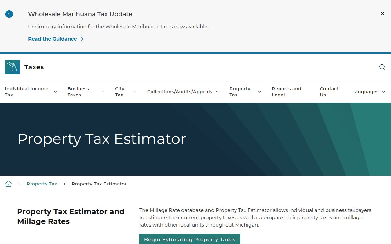 Michigan Property Tax Estimator tool for calculating Michigan property tax records estimates
