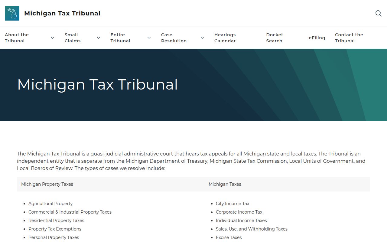 Michigan Tax Tribunal website for filing property tax appeals in Michigan